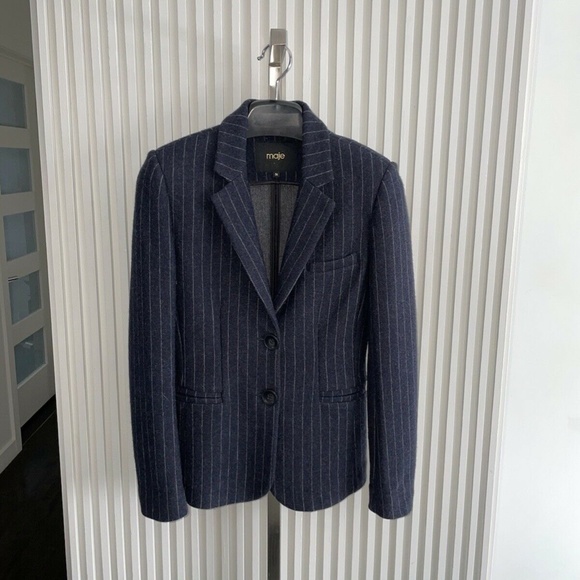Maje Jacket Blazer Vampas Pinstriped Wool Gabardine Blazer Navy Sz 36❤️ - Picture 3 of 7